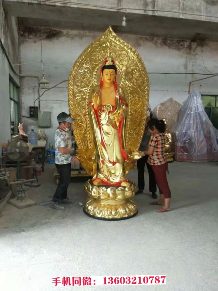 玻璃钢观世音菩萨佛像,贴金彩绘,佛像生产厂家