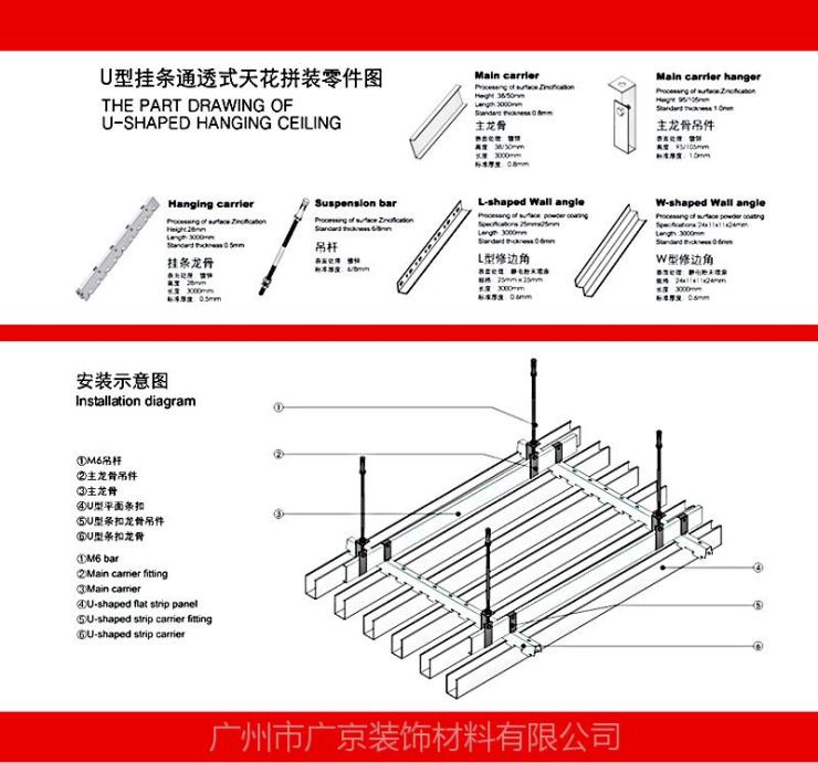 高信譽鋁方通廠家龍巖深灰色鋁方通安裝節點圖